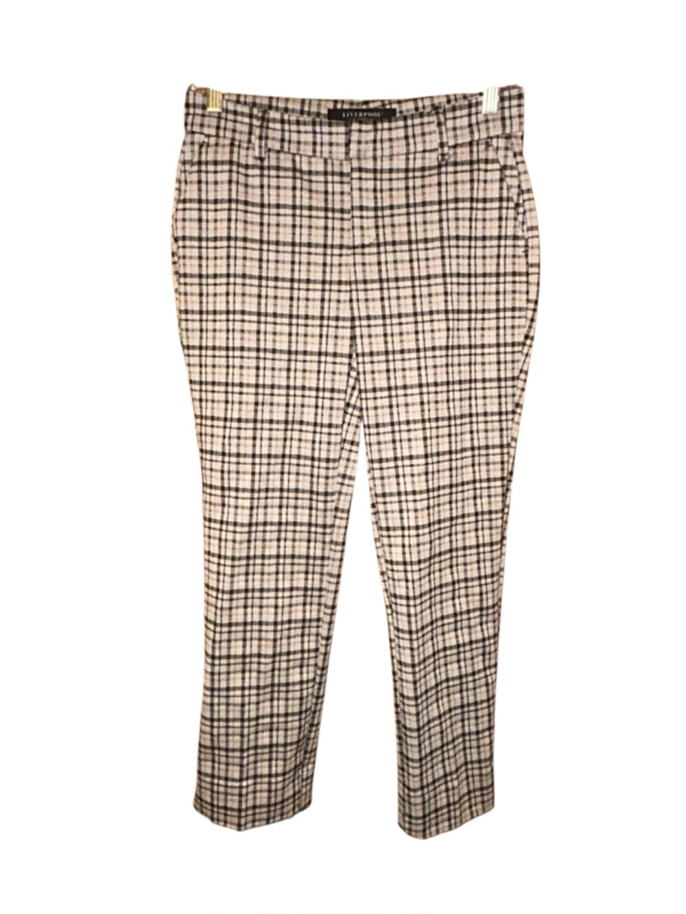 Liverpool Womens Plaid Ankle Pants 0/25‎ Black White Tan Tartan Stretch Office